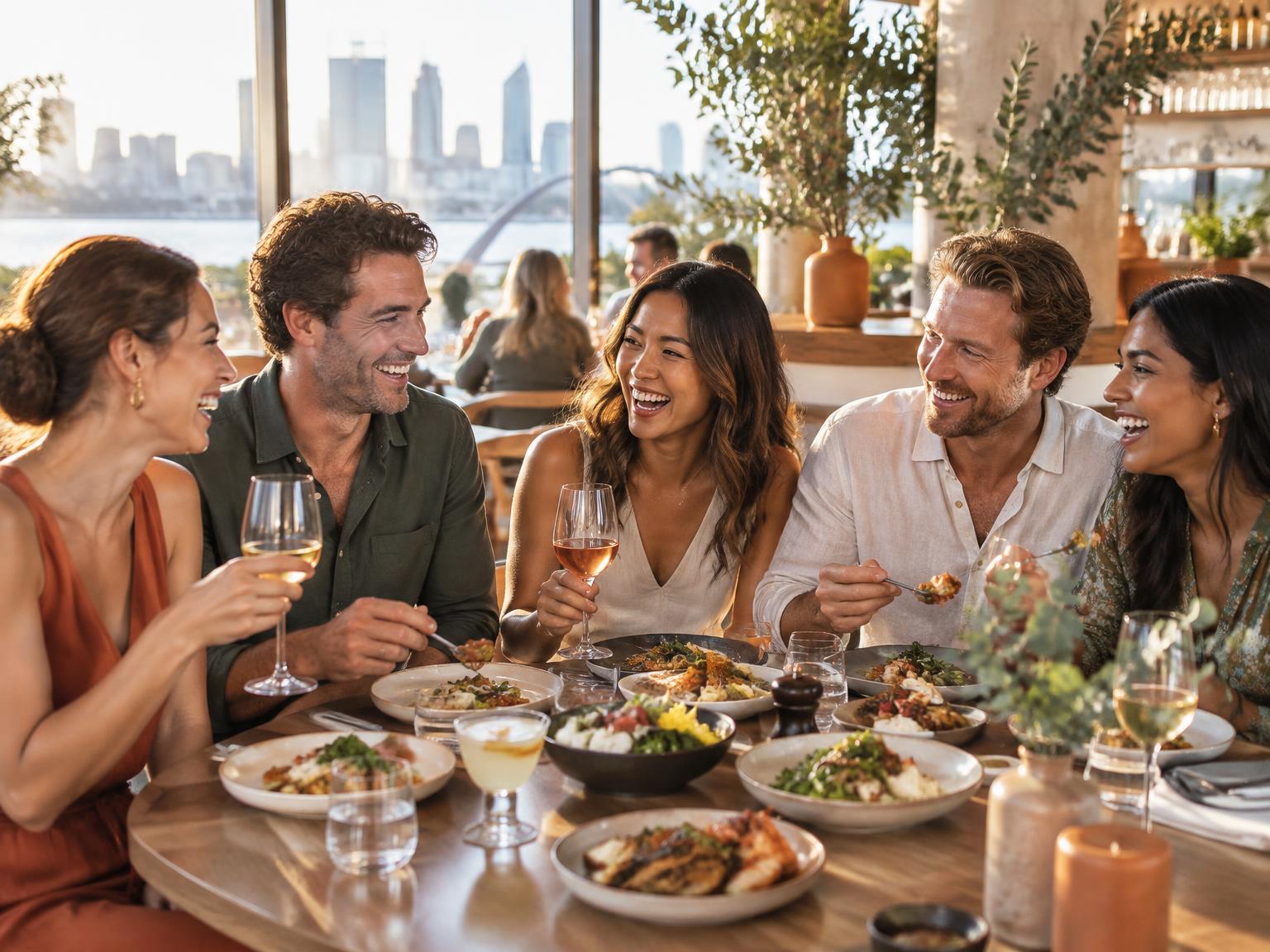 Mates enjoying a shared meal in an Australian restaurant